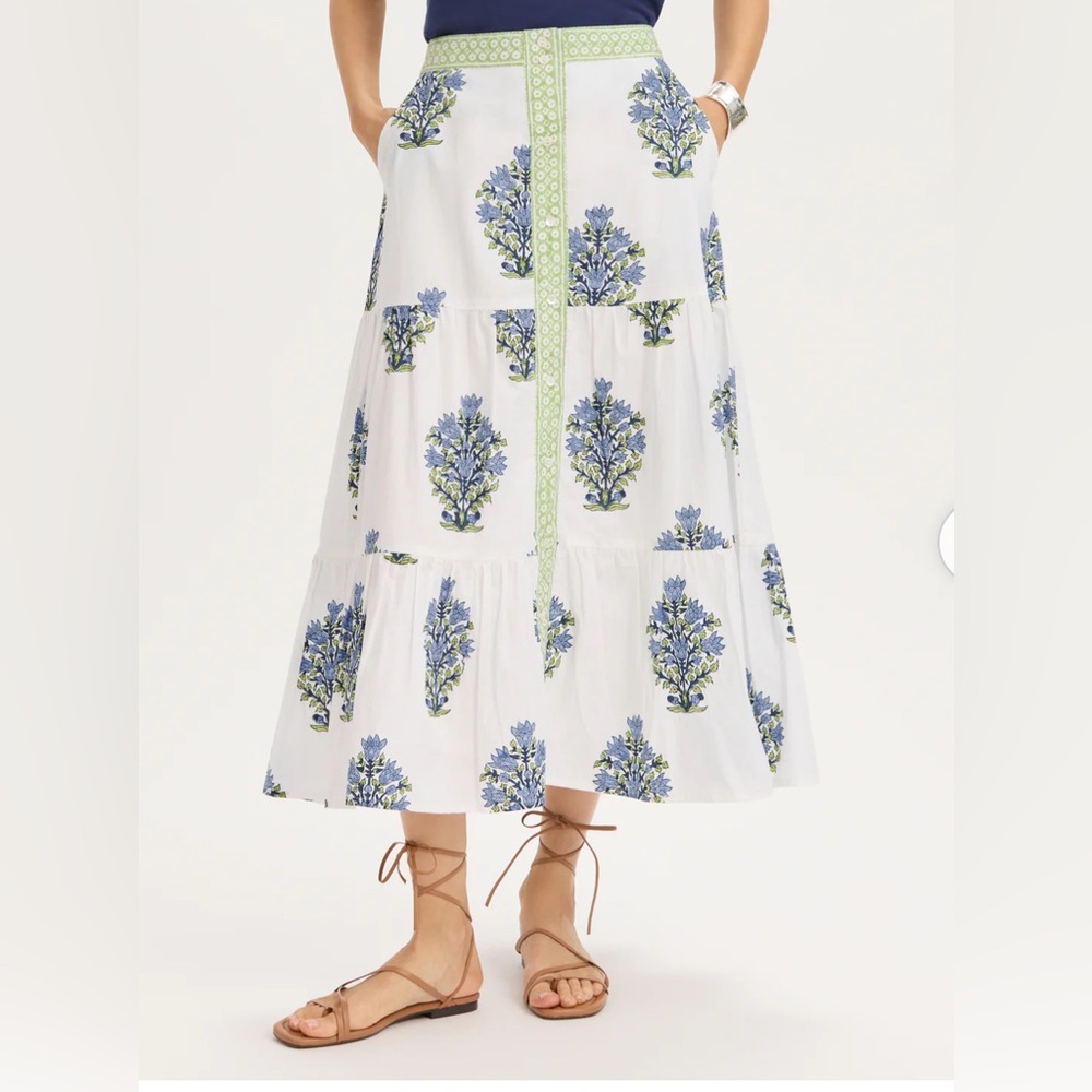 RNWK White and Green block print cotton maxi tiered skirt size small